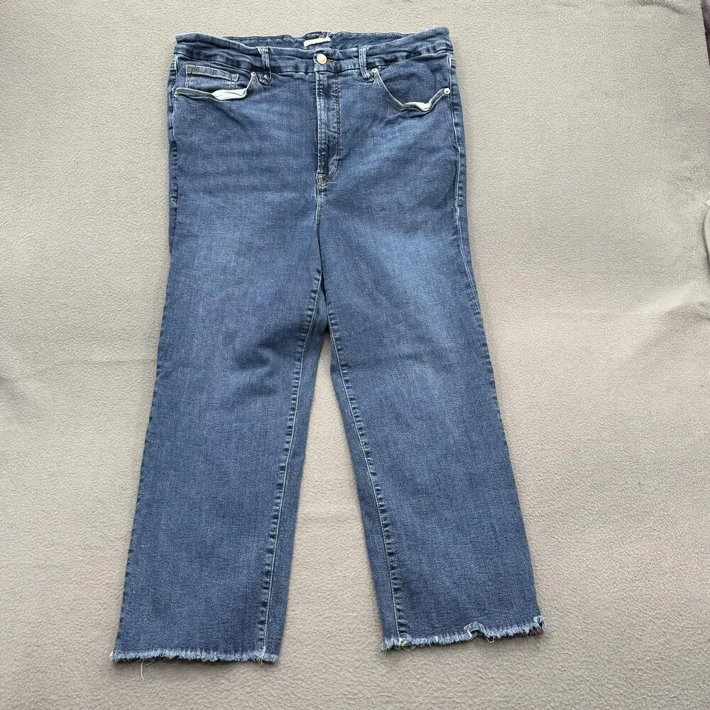 Good American Jeans Womens 20 Plus Blue High Rise Straight Leg Raw Hem Denim